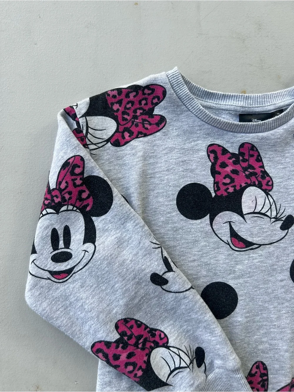 Disney Girls Gray Pullover Sweatshirt with Pink Leopard Minnie Print